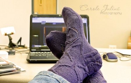 mystery socks on desk for carole knits